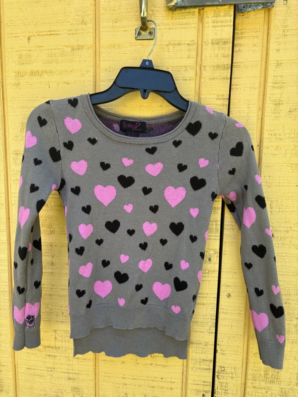 Say What? Girls Gray Knit Sweater with Pink and Black Hearts